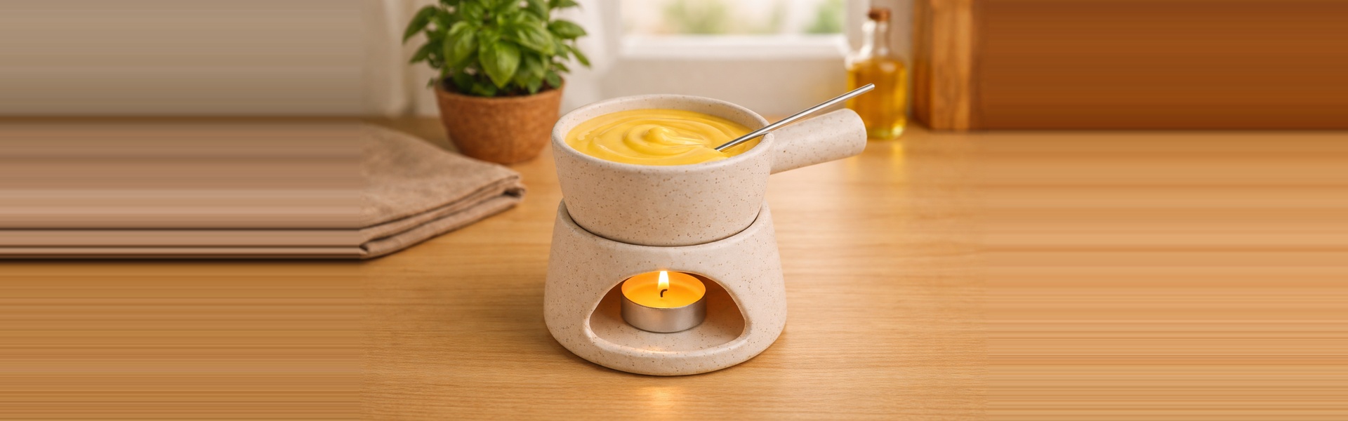 KunhaR Ceramic Fondue Set (1 Piece of Fondue Set, 2 Tea Light Candle), White Matt