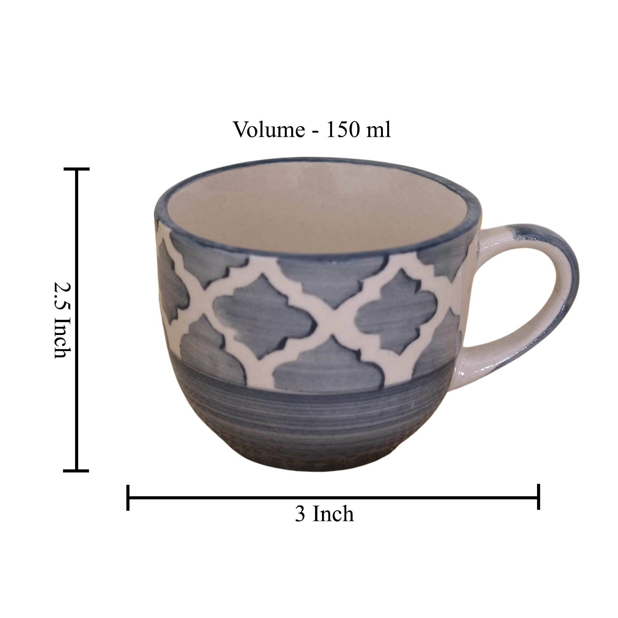 Kunhar Ceramic Tea Cup - 150 Ml, 6 Pieces, Grey