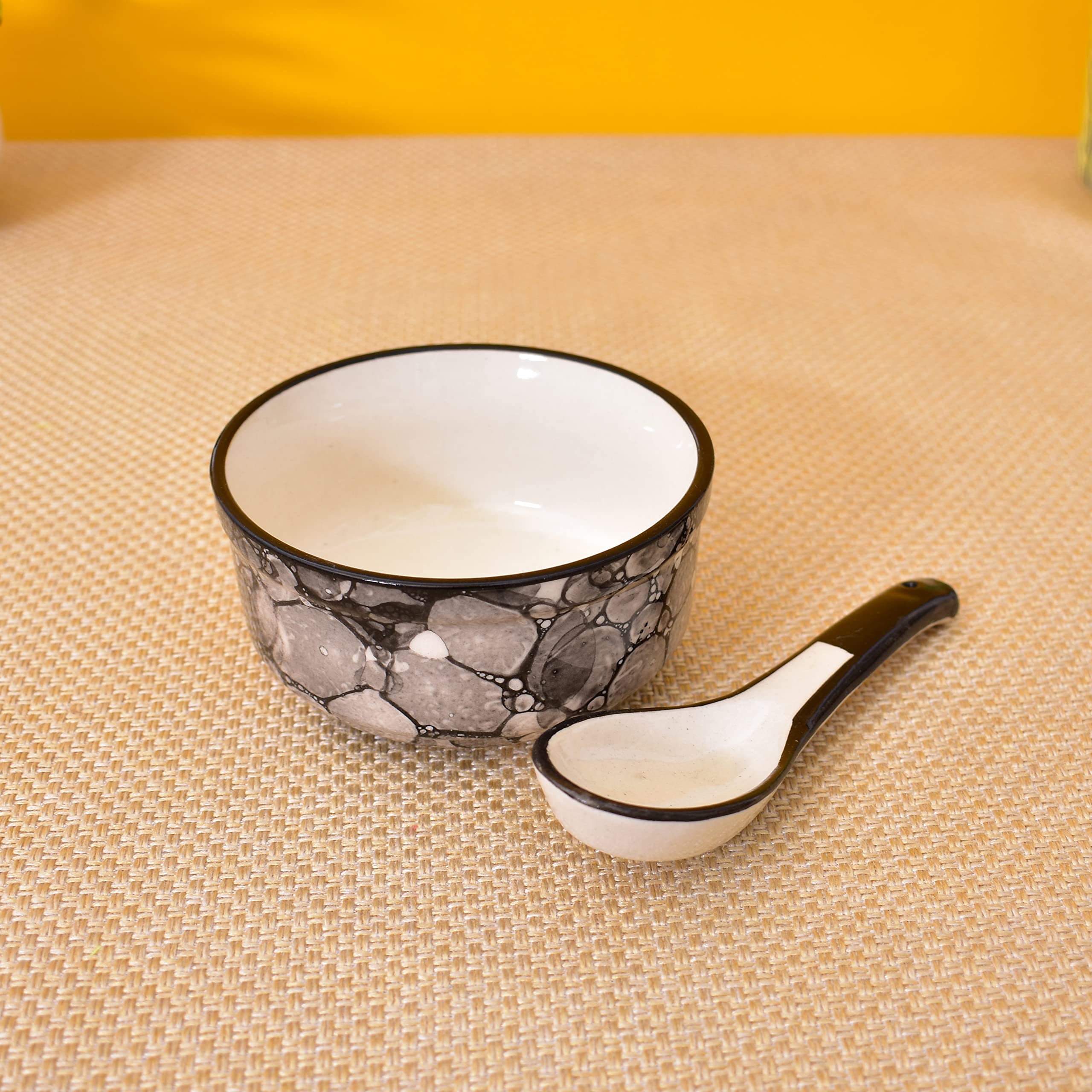 KunhaR Ceramic Serving Bowls – 260 ML, 2 Pieces with 2 Spoon, Black Luster