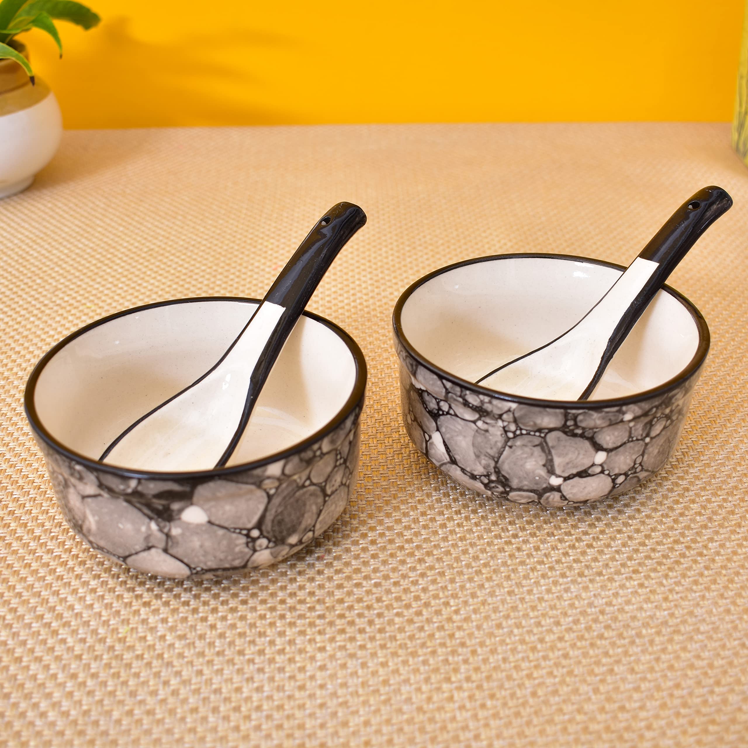 KunhaR Ceramic Serving Bowls – 260 ML, 2 Pieces with 2 Spoon, Black Luster