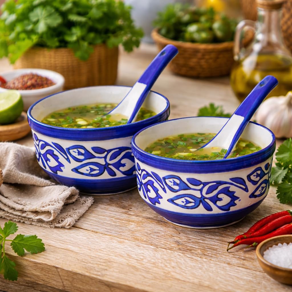 Kunhar Ceramic Serving Bowls – 260 ML, 2 Pieces with 2 Spoon, Blue Luster