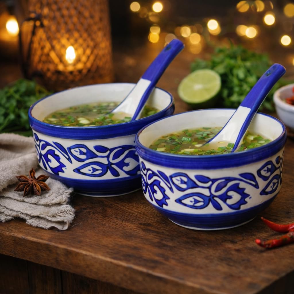 Kunhar Ceramic Serving Bowls – 260 ML, 2 Pieces with 2 Spoon, Blue Luster