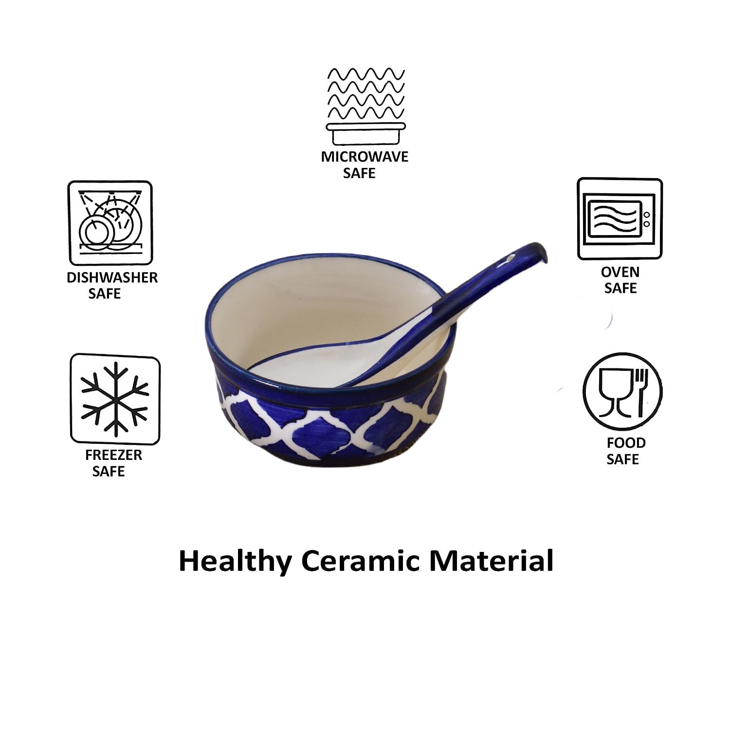 Kunhar Ceramic Serving Bowls – 260 ML, 2 Pieces with 2 Spoon, Blue Chidi