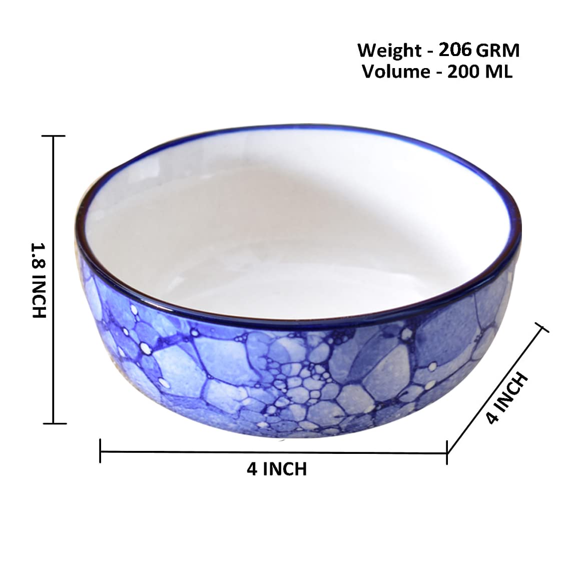Kunhar Ceramic Hand Painted Dessert Bowls - 200 Ml, 4 Pieces, Blue Chidi