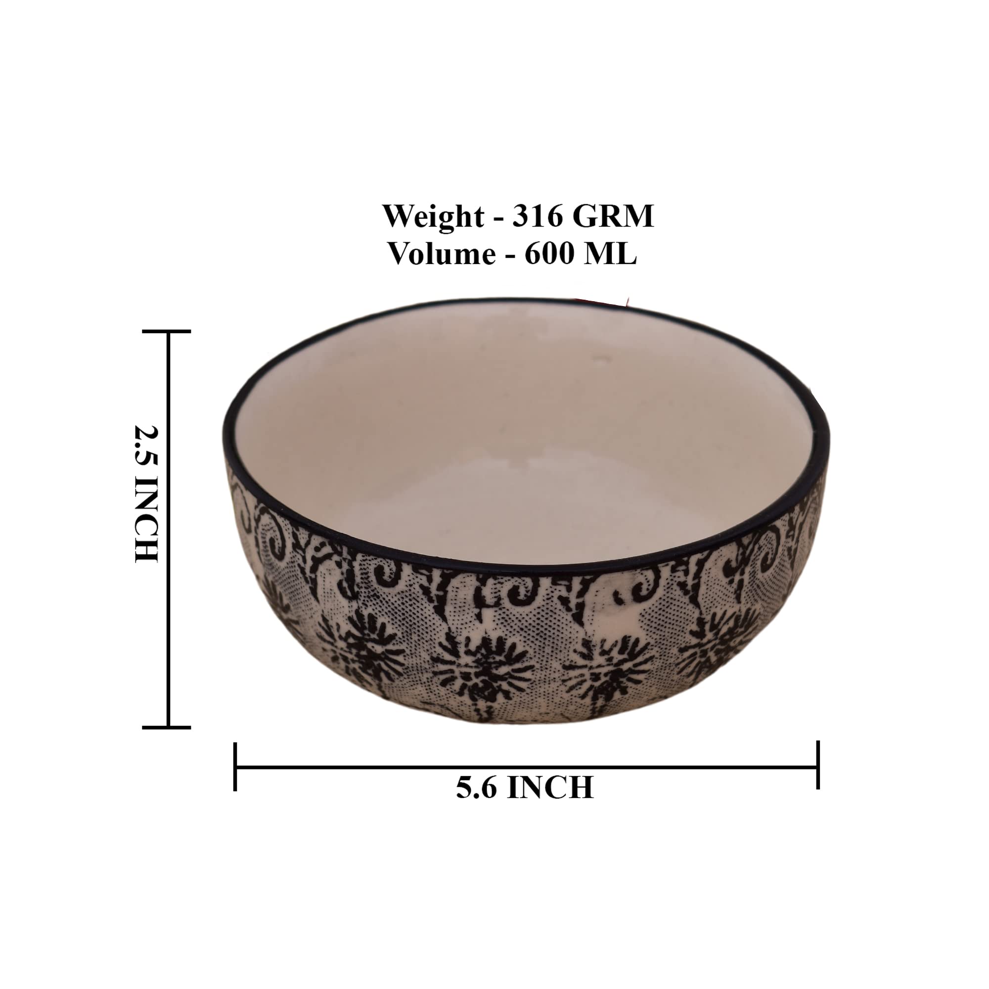 Kunhar Ceramic Bowls - 600 Ml, 1 Piece, White Black