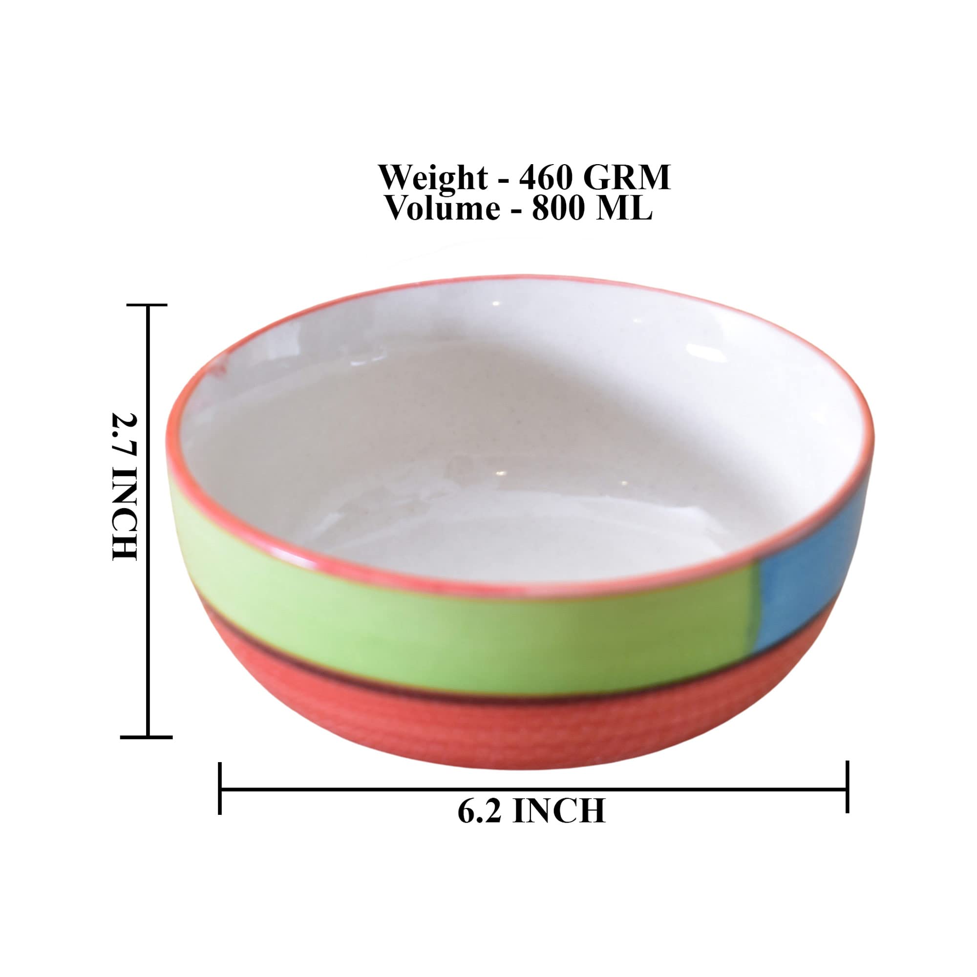 Kunhar Ceramic Mixing Bowls, Microwave Safe Bowl for Kitchen, Freezer & Dishwasher, Ideal for Snacks, Rice, Salad, and Noodles - 800 ML, 2 Pieces, Red Green