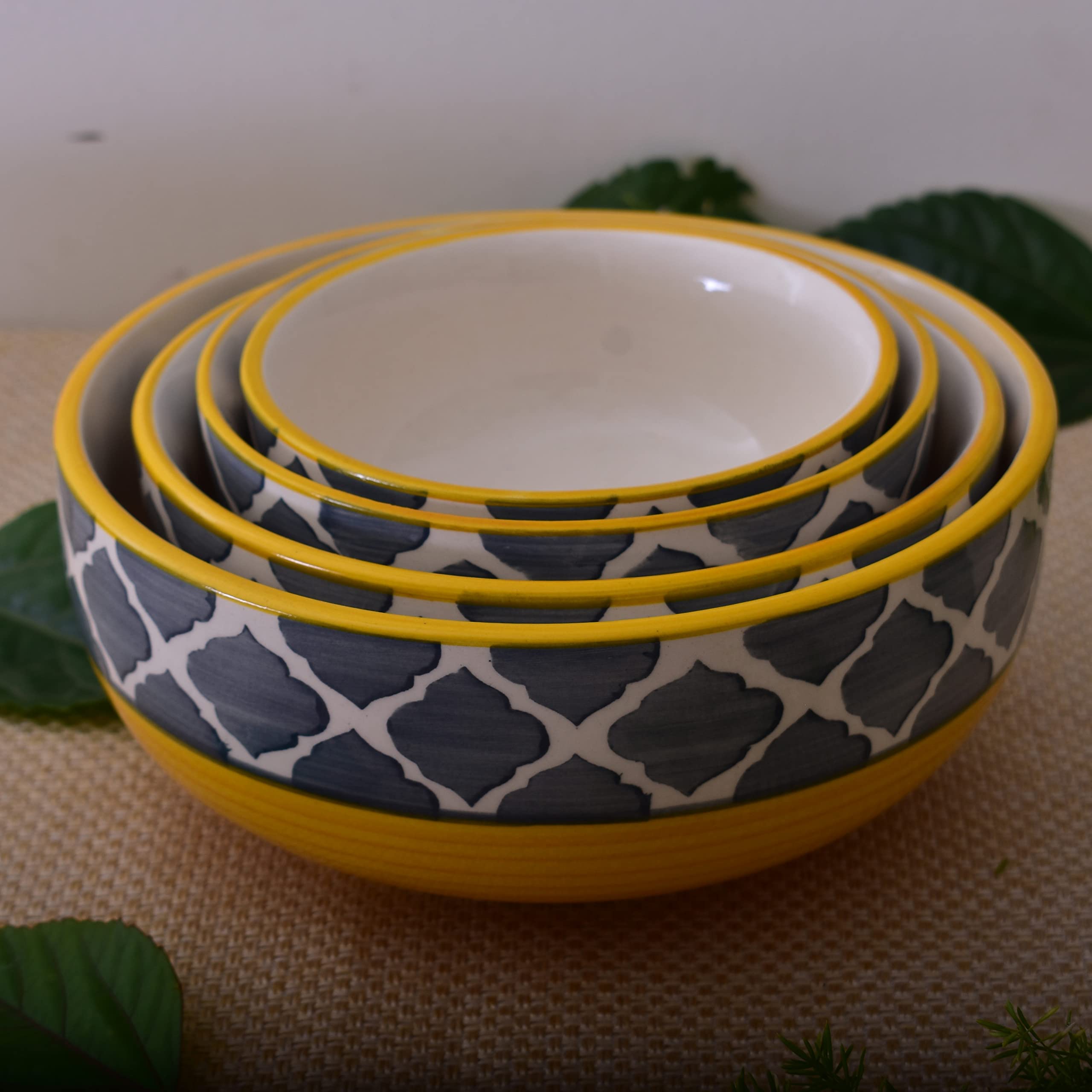 Kunhar Ceramic Mixing Bowl Set – 4 Pieces (1500ml, 800ml, 600ml, 400ml), Yellow Grey – Durable, Microwave & Dishwasher Safe – Ideal for Mixing, Serving & Storage