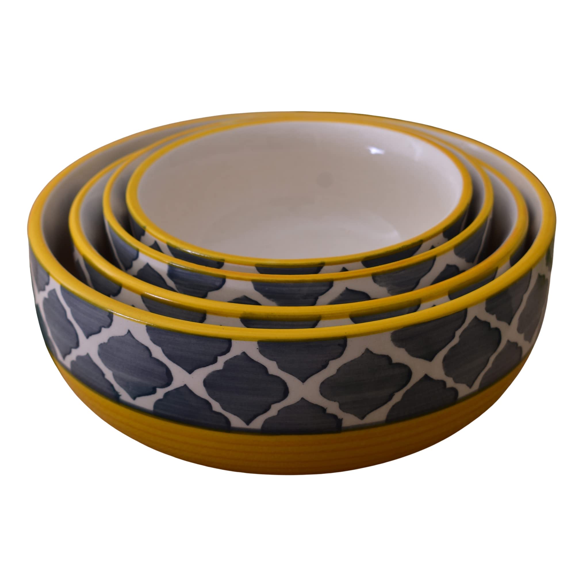 Kunhar Ceramic Mixing Bowl Set – 4 Pieces (1500ml, 800ml, 600ml, 400ml), Yellow Grey – Durable, Microwave & Dishwasher Safe – Ideal for Mixing, Serving & Storage