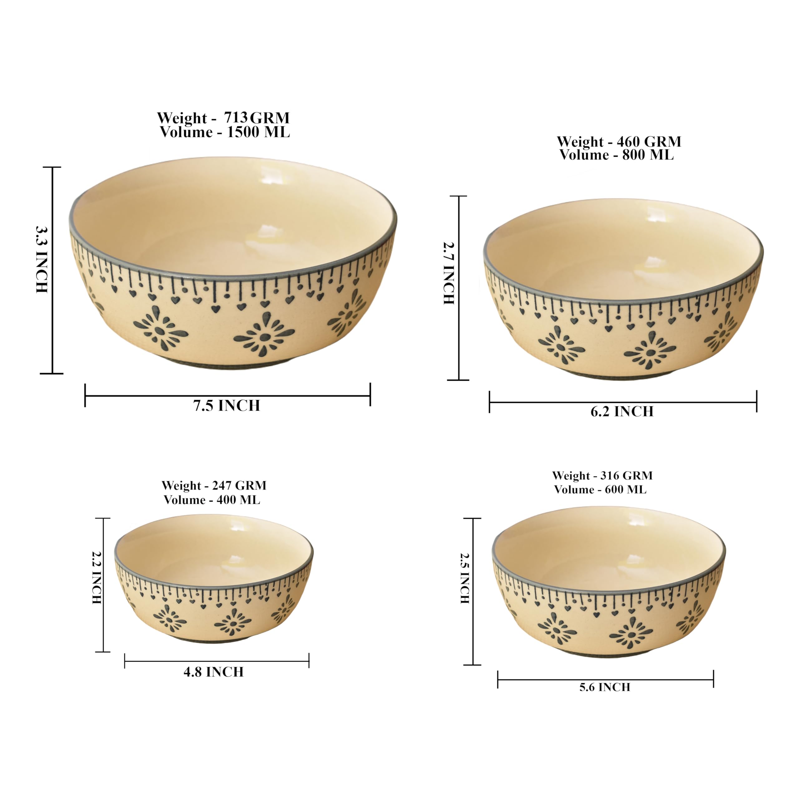 Kunhar Ceramic Mixing Bowl Set – 4 Pieces (1500ml, 800ml, 600ml, 400ml), Grey Desert Sand – Durable, Microwave & Dishwasher Safe – Ideal for Mixing, Serving & Storage