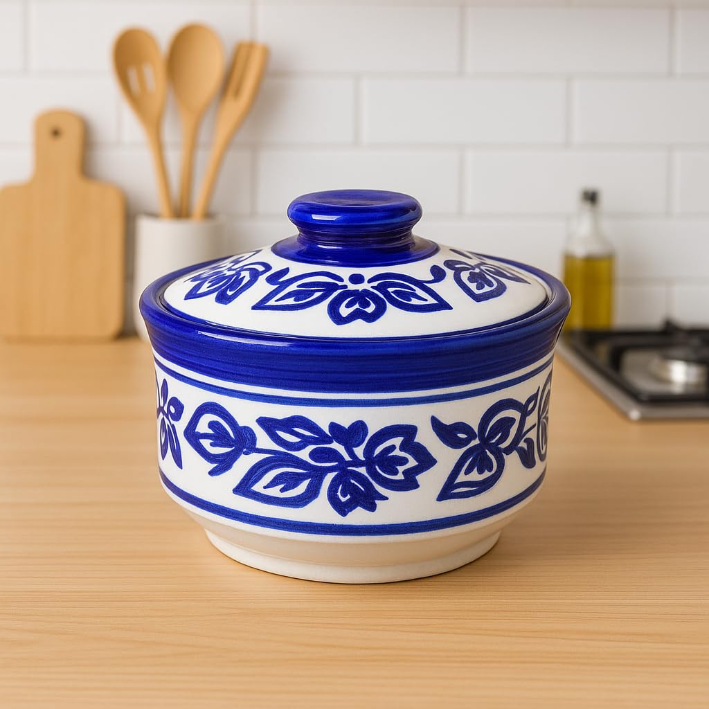 Kunhar Multipurpose Ceramic Donga 450ML Blue Vine with Lid – Microwave Dishwasher Safe Serving Dish for Gravy Dal Curry and More