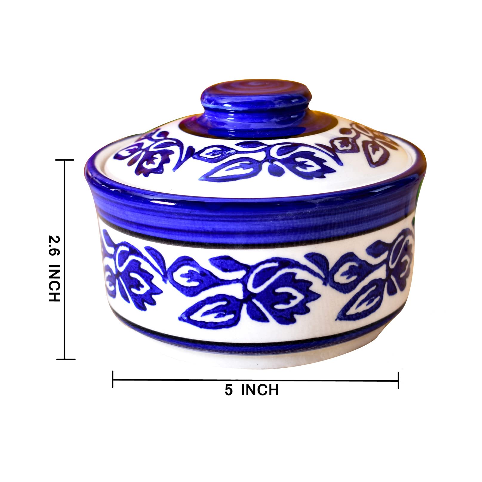 Kunhar Multipurpose Ceramic Donga 450ML Blue Vine with Lid – Microwave Dishwasher Safe Serving Dish for Gravy Dal Curry and More