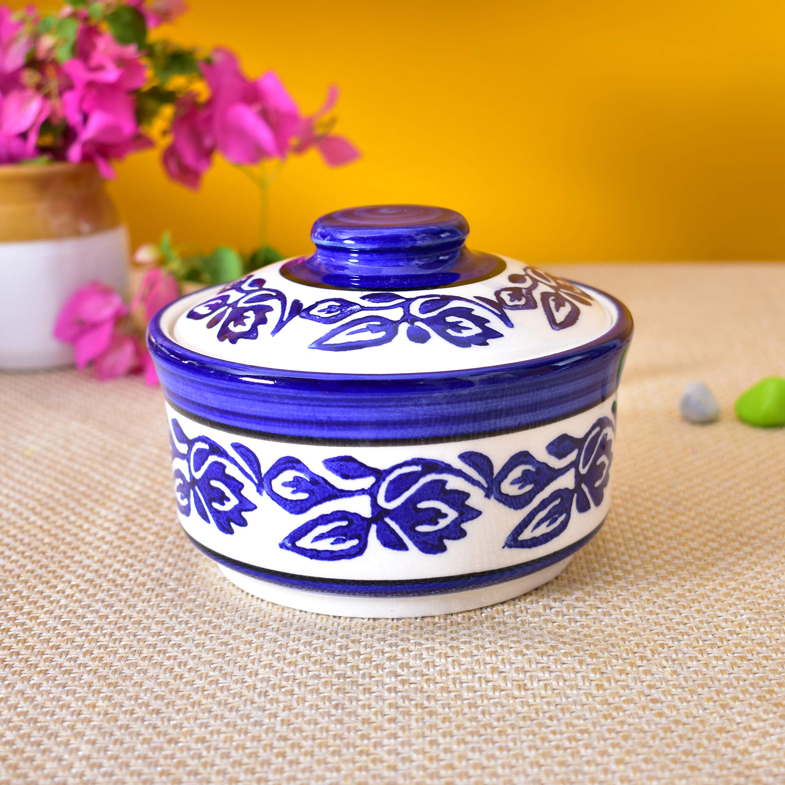 Kunhar Multipurpose Ceramic Donga 450ML Blue Vine with Lid – Microwave Dishwasher Safe Serving Dish for Gravy Dal Curry and More