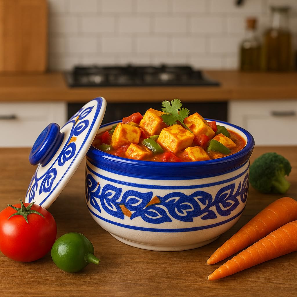 Kunhar Multipurpose Ceramic Donga 450ML Blue Vine with Lid – Microwave Dishwasher Safe Serving Dish for Gravy Dal Curry and More