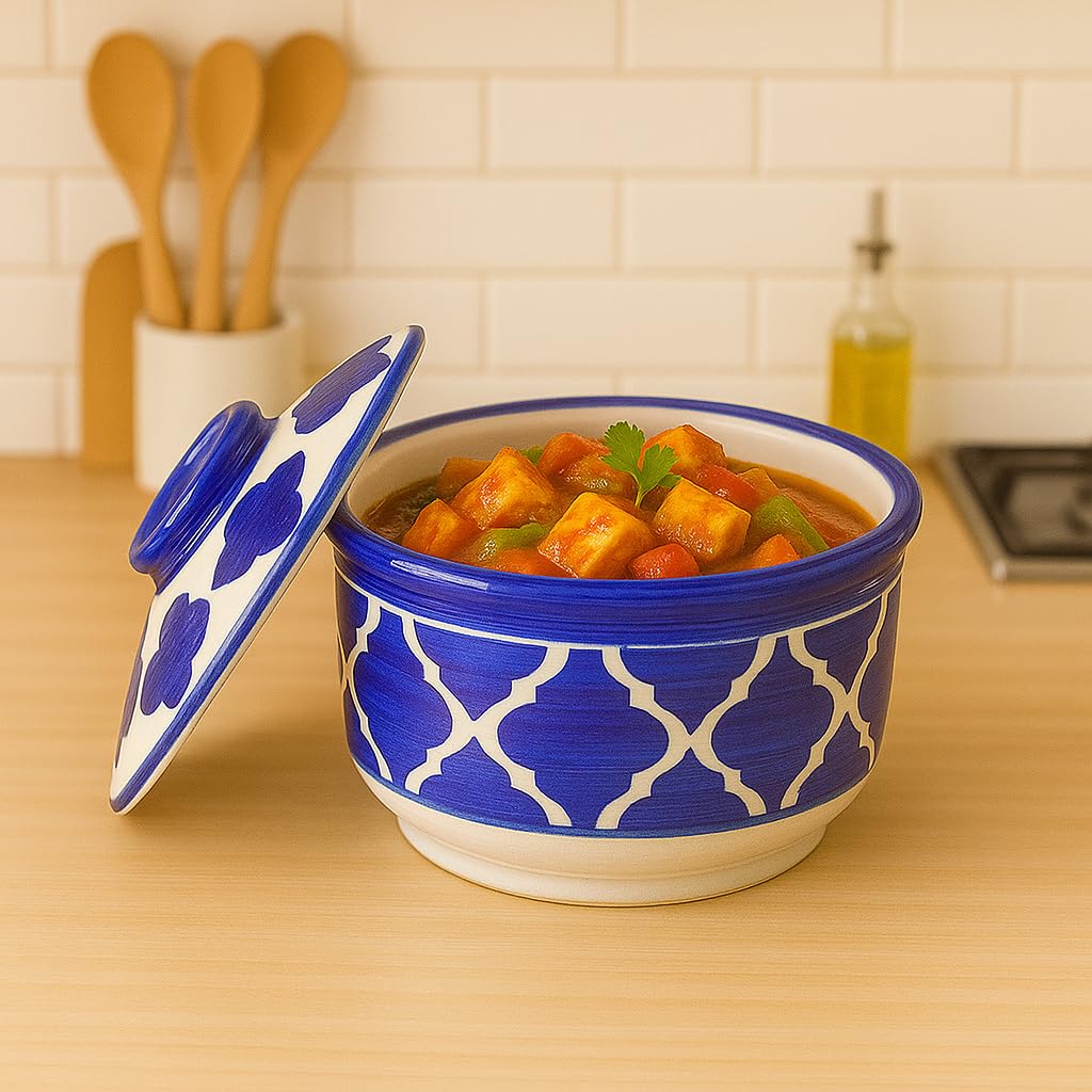 Kunhar Multipurpose Ceramic Donga – Blue Star | 450 ML Lidded Serving Donga | Microwave & Dishwasher Safe | Ideal for Gravy, Dal, Curry & More