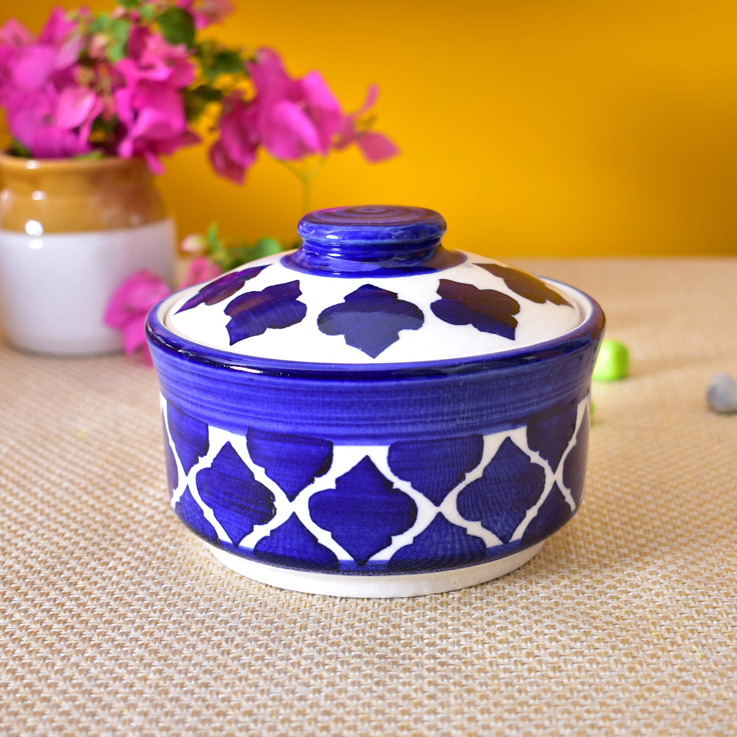 Kunhar Multipurpose Ceramic Donga – Blue Star | 450 ML Lidded Serving Donga | Microwave & Dishwasher Safe | Ideal for Gravy, Dal, Curry & More