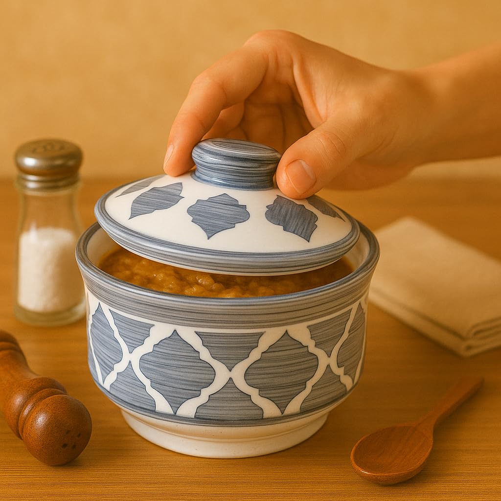 Kunhar Multipurpose Ceramic Donga – Grey Star | 450 ML Lidded Serving Donga | Microwave & Dishwasher Safe | Ideal for Gravy, Dal, Curry & More