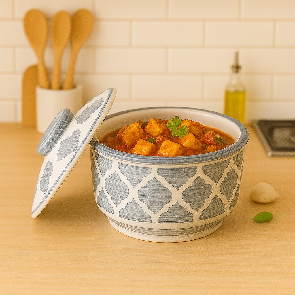 Kunhar Multipurpose Ceramic Donga – Grey Star | 450 ML Lidded Serving Donga | Microwave & Dishwasher Safe | Ideal for Gravy, Dal, Curry & More