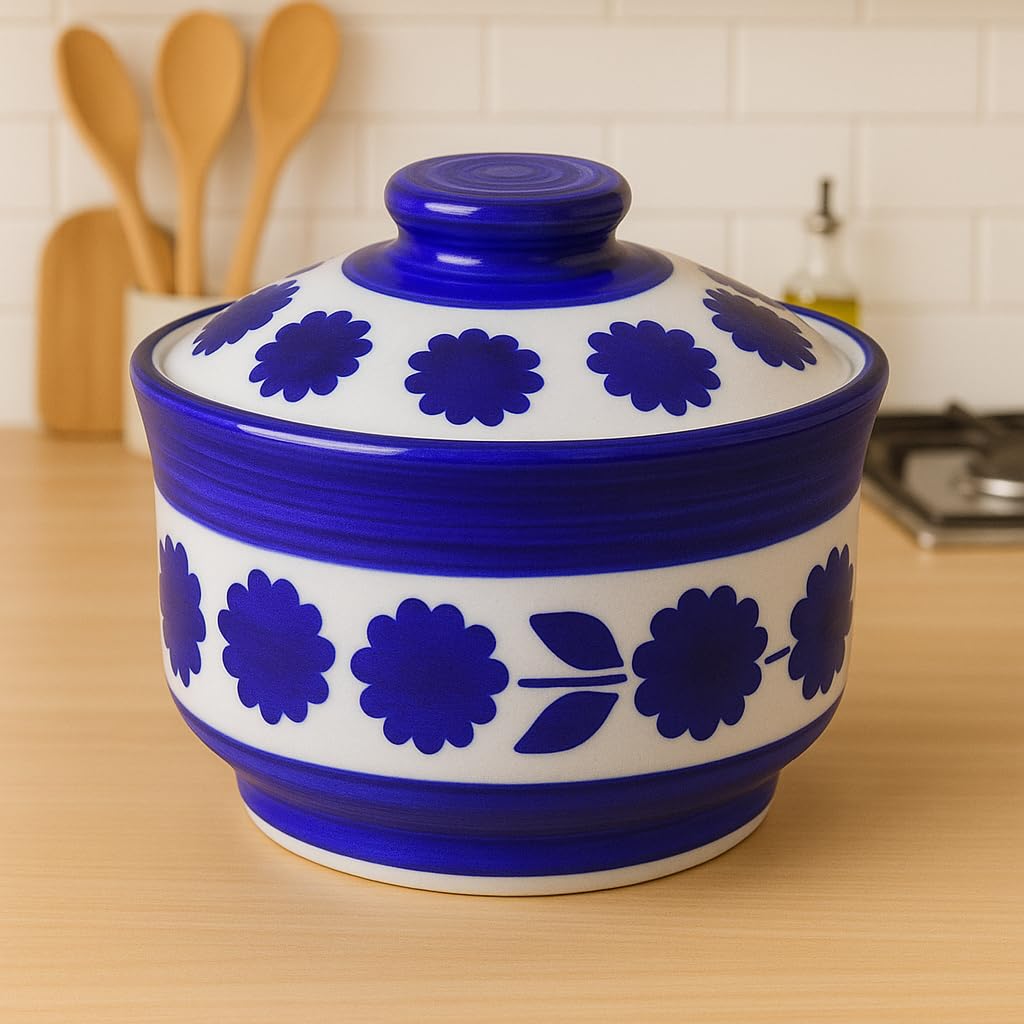 Kunhar Multipurpose Ceramic Donga Dark Indigo 450 ML Lidded Serving Bowl Microwave Safe Dishwasher Safe Gravy Dal Curry Use