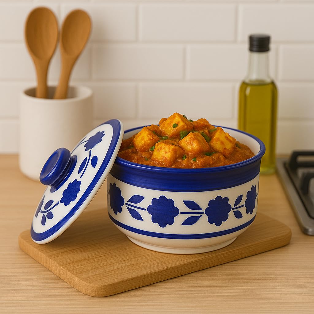 Kunhar Multipurpose Ceramic Donga Dark Indigo 450 ML Lidded Serving Bowl Microwave Safe Dishwasher Safe Gravy Dal Curry Use