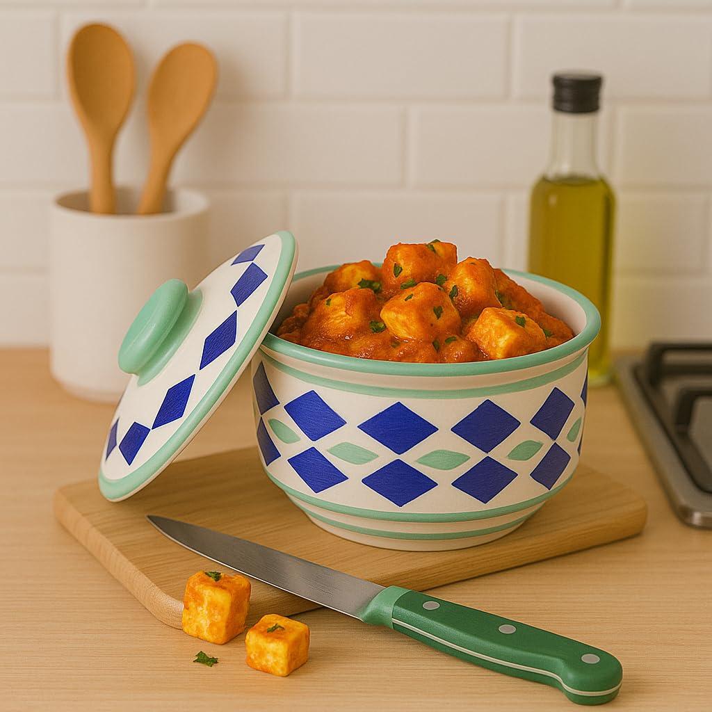 Kunhar Multipurpose Ceramic Donga – Green White | 450 ML Lidded Serving Donga | Microwave & Dishwasher Safe | Ideal for Gravy, Dal, Curry & More