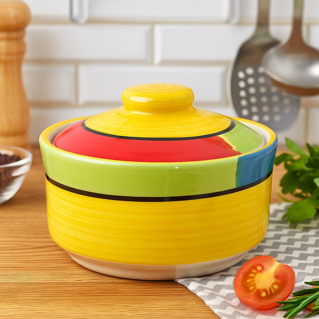 Kunhar Multipurpose Ceramic Donga – Yellow Red | 450 ML Lidded Serving Donga | Microwave & Dishwasher Safe | Ideal for Gravy, Dal, Curry & More