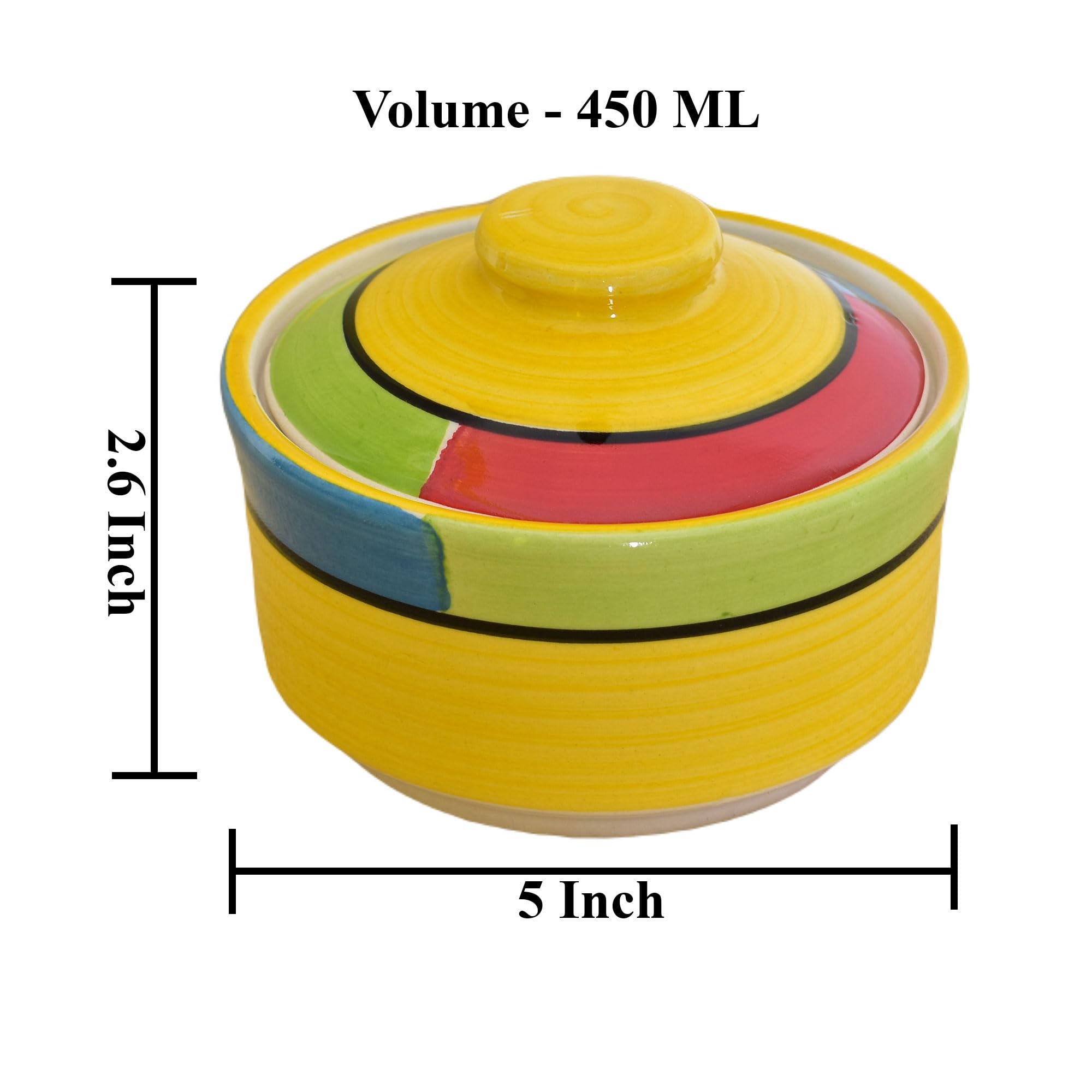 Kunhar Multipurpose Ceramic Donga – Yellow Red | 450 ML Lidded Serving Donga | Microwave & Dishwasher Safe | Ideal for Gravy, Dal, Curry & More