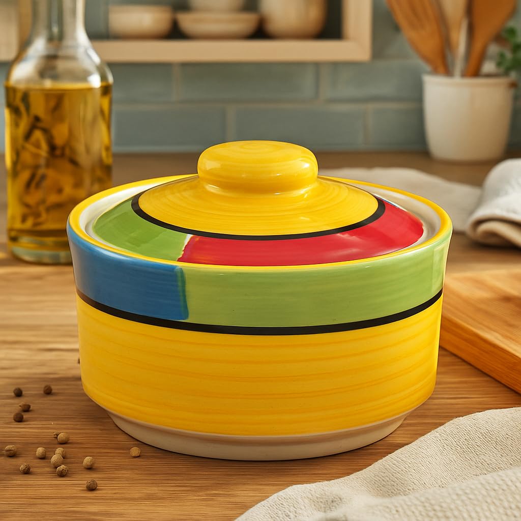 Kunhar Multipurpose Ceramic Donga – Yellow Red | 450 ML Lidded Serving Donga | Microwave & Dishwasher Safe | Ideal for Gravy, Dal, Curry & More