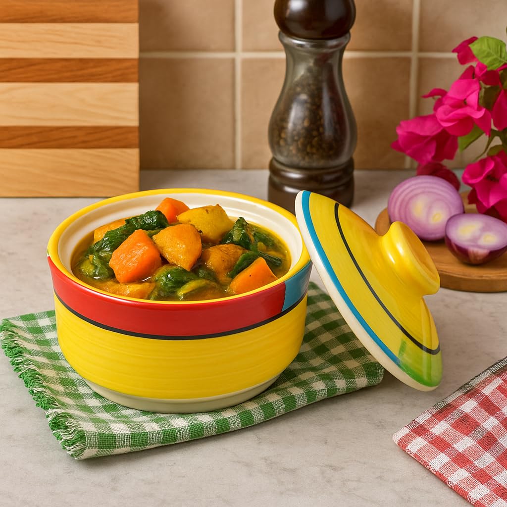 Kunhar Multipurpose Ceramic Donga – Yellow Red | 450 ML Lidded Serving Donga | Microwave & Dishwasher Safe | Ideal for Gravy, Dal, Curry & More