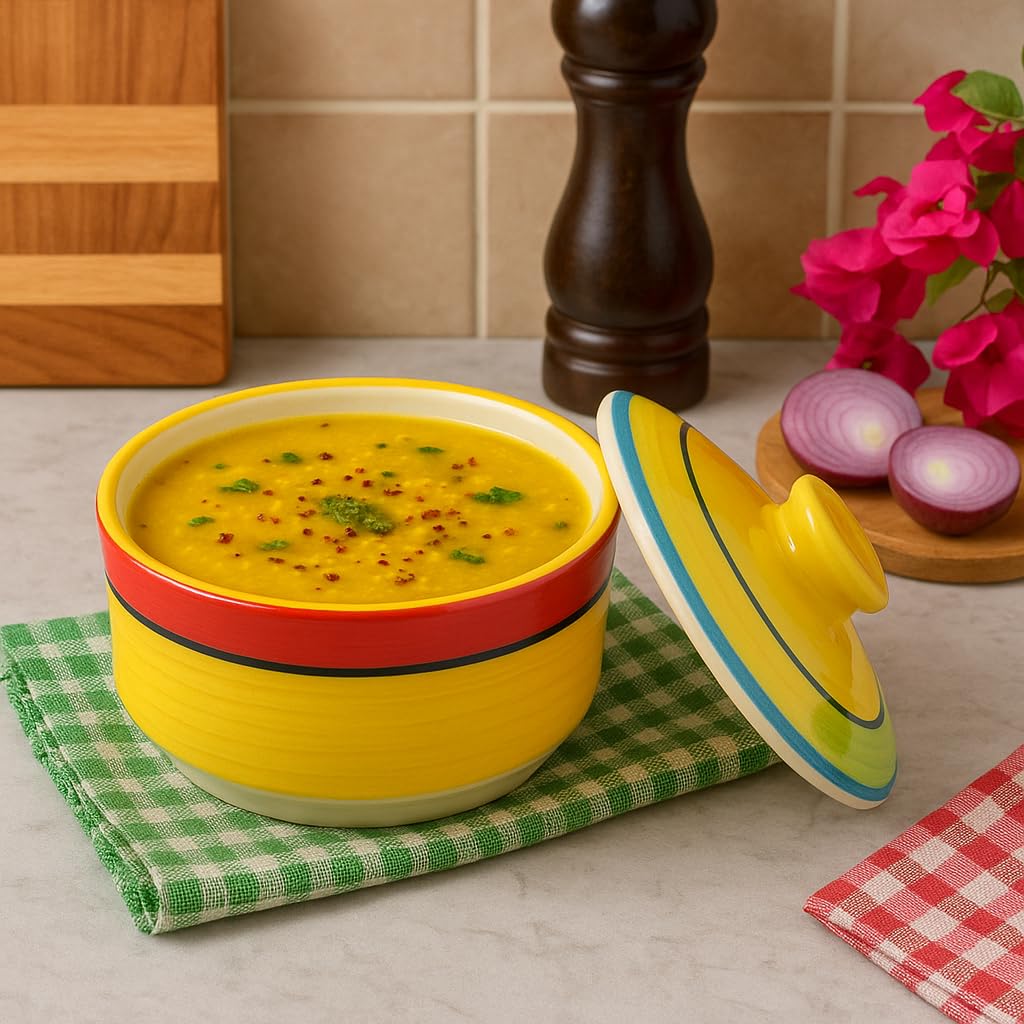 Kunhar Multipurpose Ceramic Donga – Yellow Red | 450 ML Lidded Serving Donga | Microwave & Dishwasher Safe | Ideal for Gravy, Dal, Curry & More