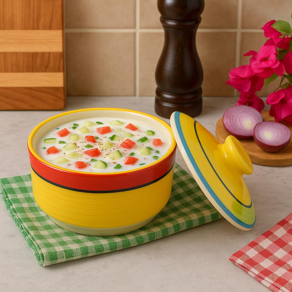 Kunhar Multipurpose Ceramic Donga – Yellow Red | 450 ML Lidded Serving Donga | Microwave & Dishwasher Safe | Ideal for Gravy, Dal, Curry & More