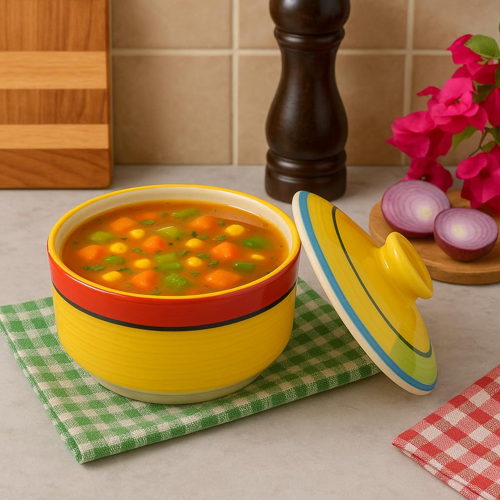 Kunhar Multipurpose Ceramic Donga – Yellow Red | 450 ML Lidded Serving Donga | Microwave & Dishwasher Safe | Ideal for Gravy, Dal, Curry & More