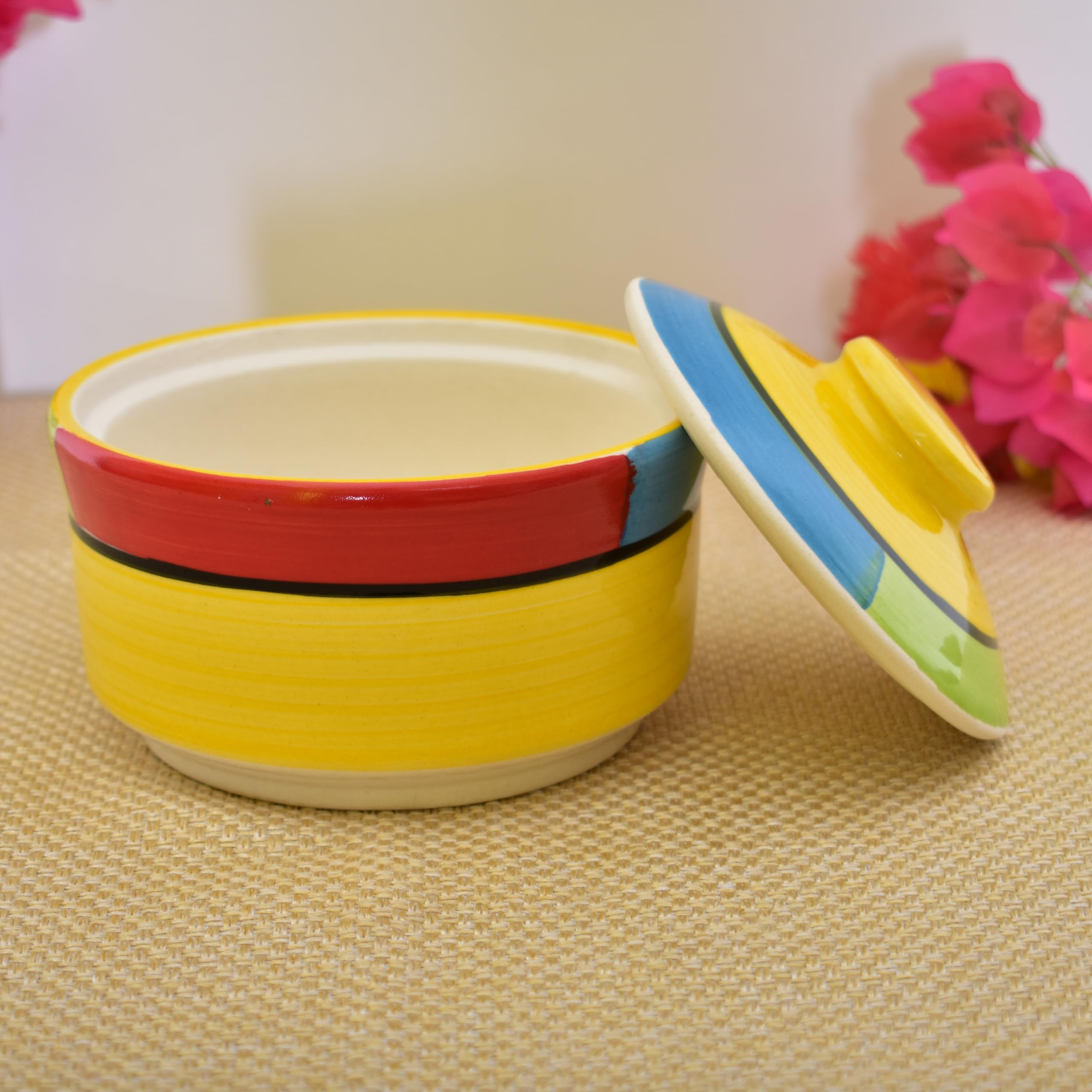 Kunhar Multipurpose Ceramic Donga – Yellow Red | 450 ML Lidded Serving Donga | Microwave & Dishwasher Safe | Ideal for Gravy, Dal, Curry & More