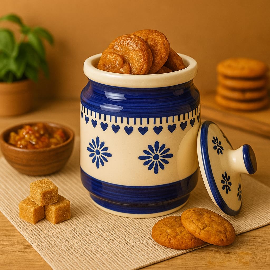 Kunhar Ceramic Jars (1000 ML) – Handcrafted Multipurpose Barni with Lid for Pickle, Chutney, Spices, Salt, Sugar – Kitchen Storage Containers, Blue Cream