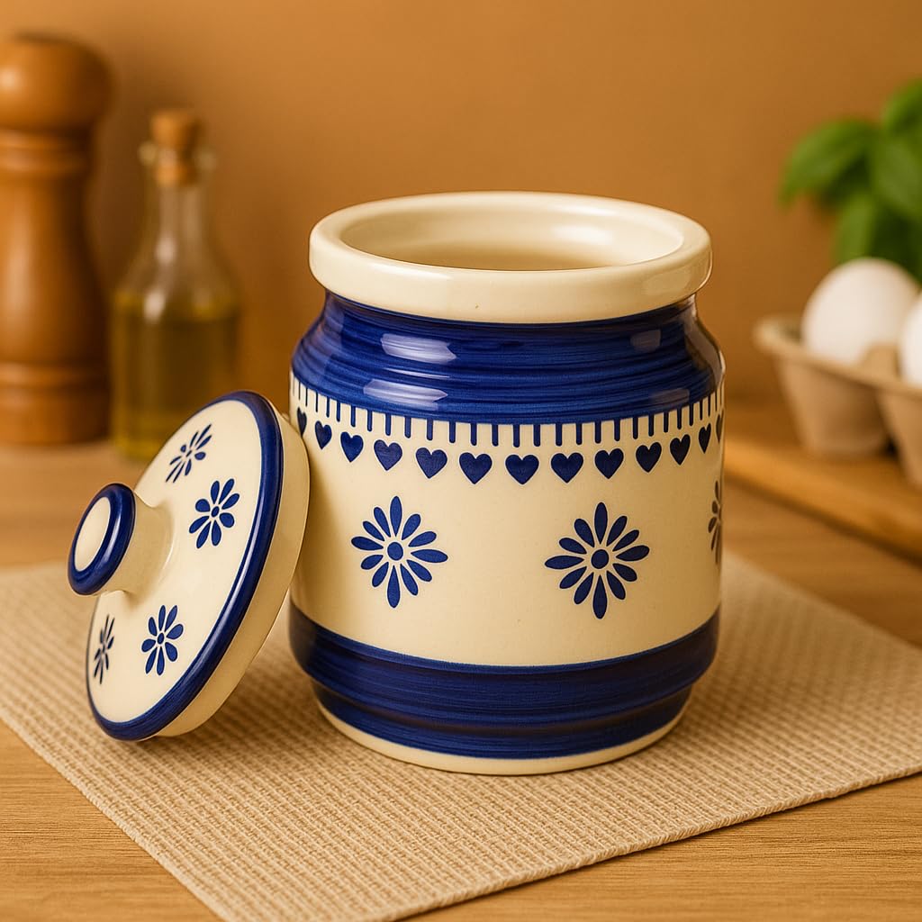 Kunhar Ceramic Jars (1000 ML) – Handcrafted Multipurpose Barni with Lid for Pickle, Chutney, Spices, Salt, Sugar – Kitchen Storage Containers, Blue Cream