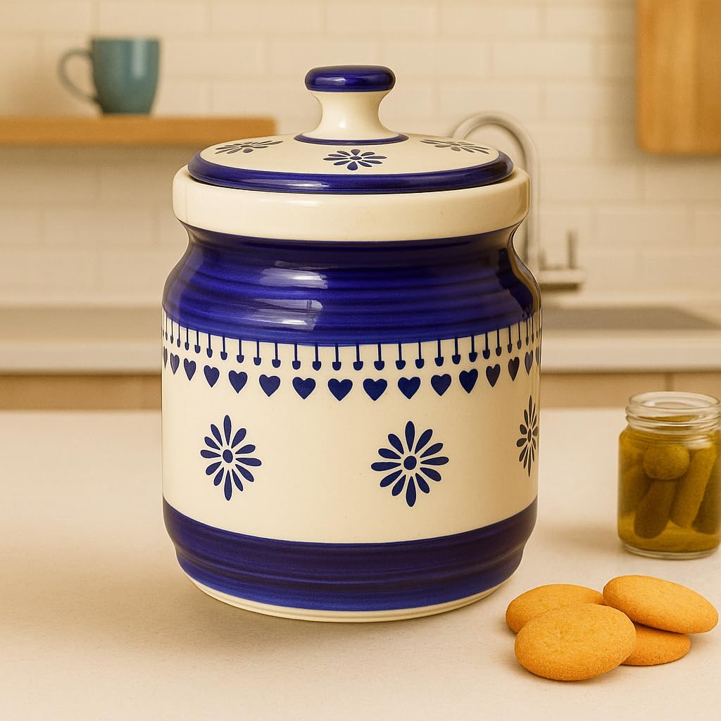 Kunhar Ceramic Jars (1000 ML) – Handcrafted Multipurpose Barni with Lid for Pickle, Chutney, Spices, Salt, Sugar – Kitchen Storage Containers, Blue Cream