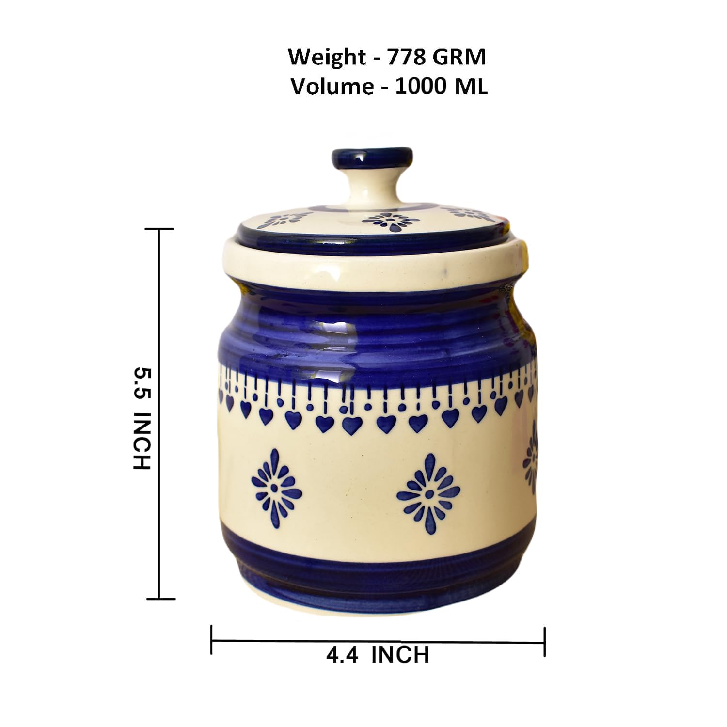 Kunhar Ceramic Jars (1000 ML) – Handcrafted Multipurpose Barni with Lid for Pickle, Chutney, Spices, Salt, Sugar – Kitchen Storage Containers, Blue Cream