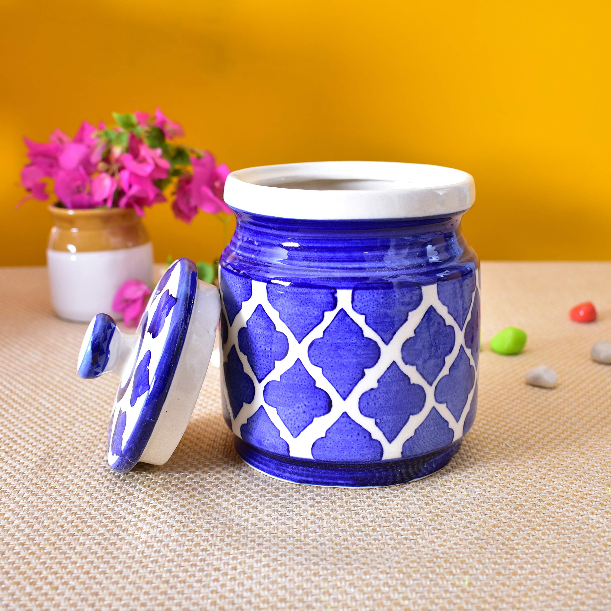 KunhaR Ceramic Jars (1000 ML) – Handcrafted Multipurpose Barni with Lid for Pickle, Chutney, Spices, Salt, Sugar – Kitchen Storage Containers, Blue