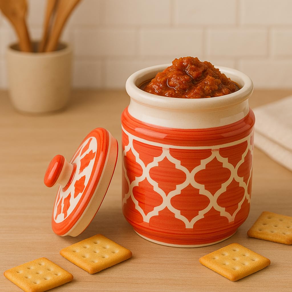 Kunhar Ceramic Jars (1000 ML) – Handcrafted Multipurpose Barni with Lid for Pickle, Chutney, Spices, Salt, Sugar – Kitchen Storage Containers, Red White