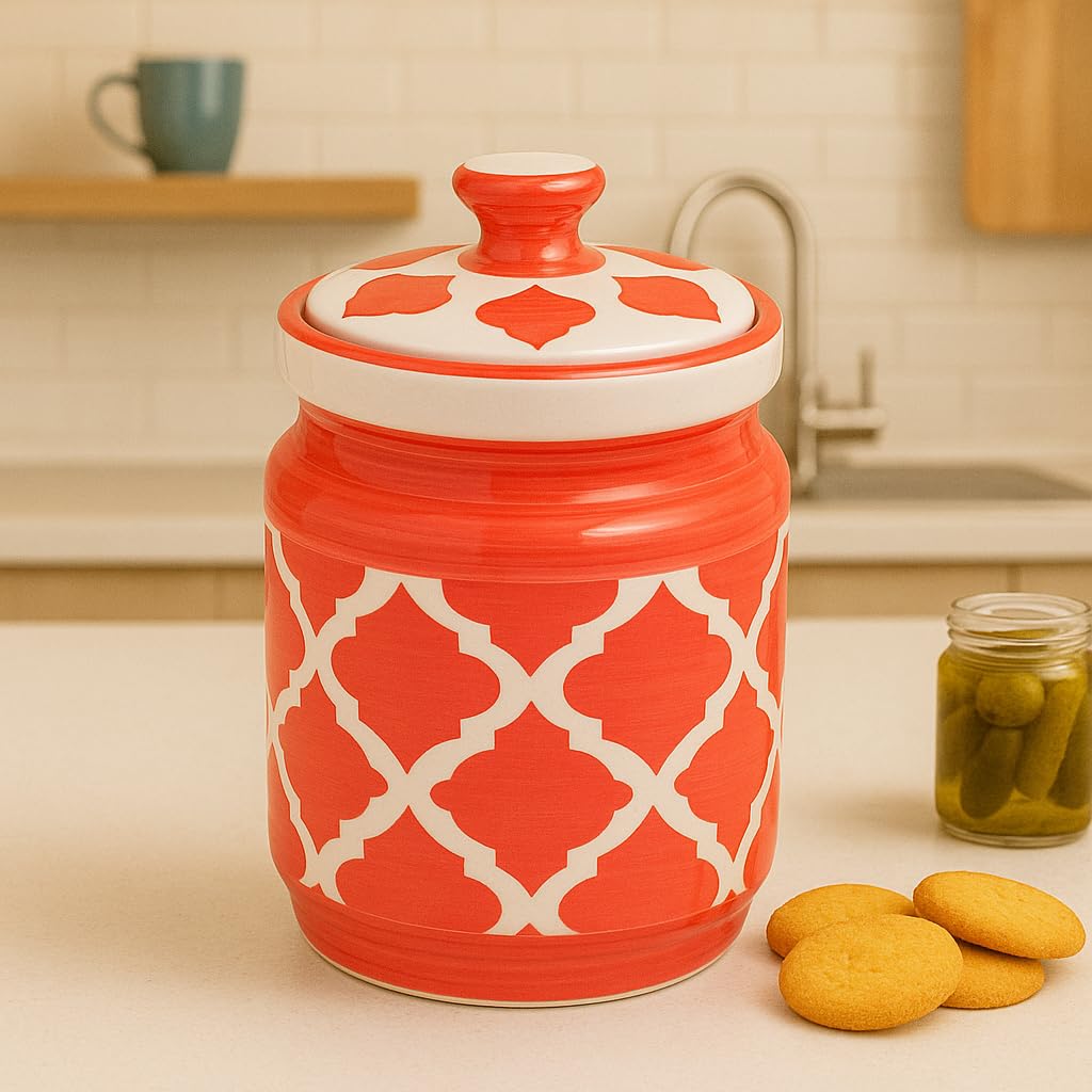 Kunhar Ceramic Jars (1000 ML) – Handcrafted Multipurpose Barni with Lid for Pickle, Chutney, Spices, Salt, Sugar – Kitchen Storage Containers, Red White