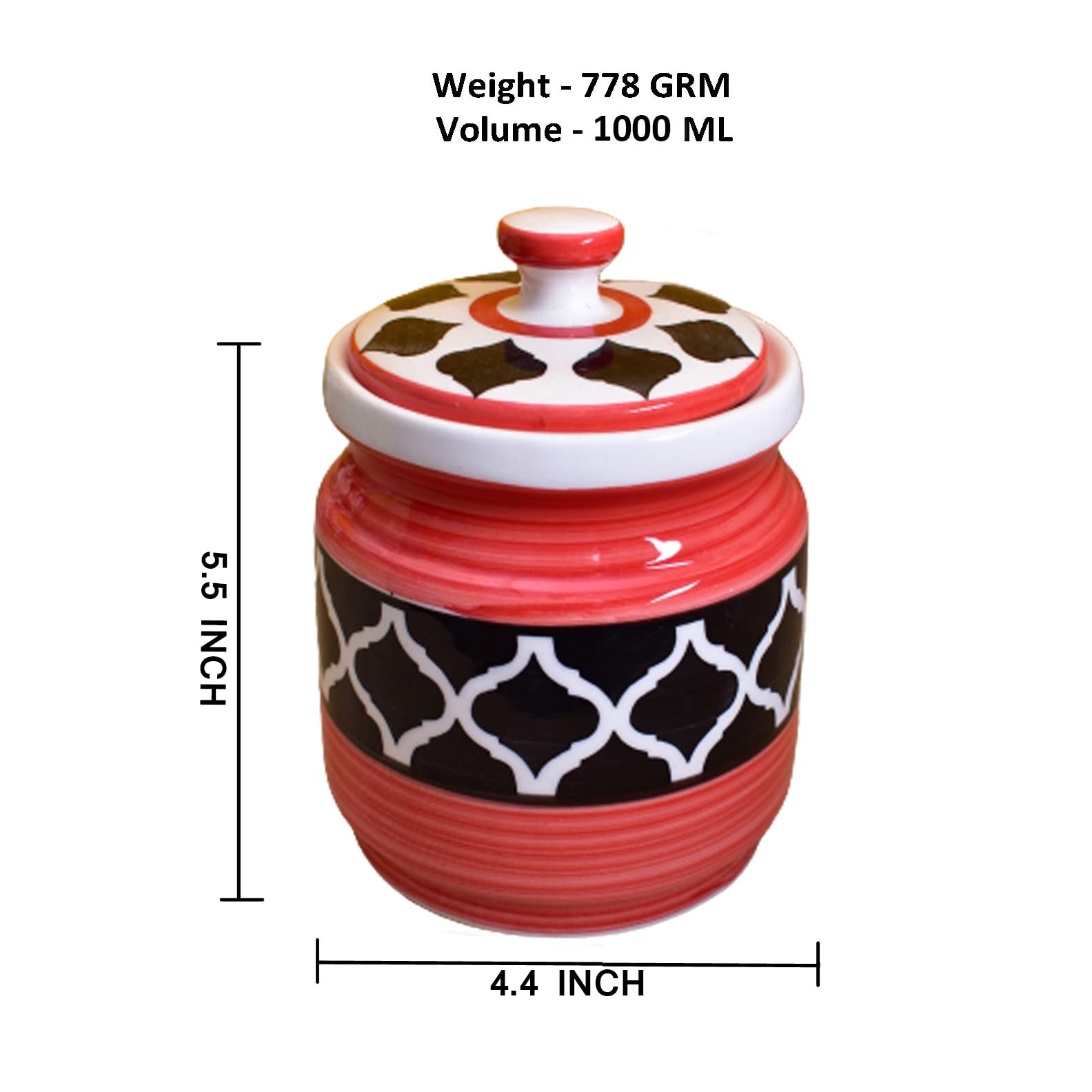 Kunhar Ceramic Jars (1000 ML) – Handcrafted Multipurpose Barni with Lid for Pickle, Chutney, Spices, Salt, Sugar – Kitchen Storage Containers, Red Black
