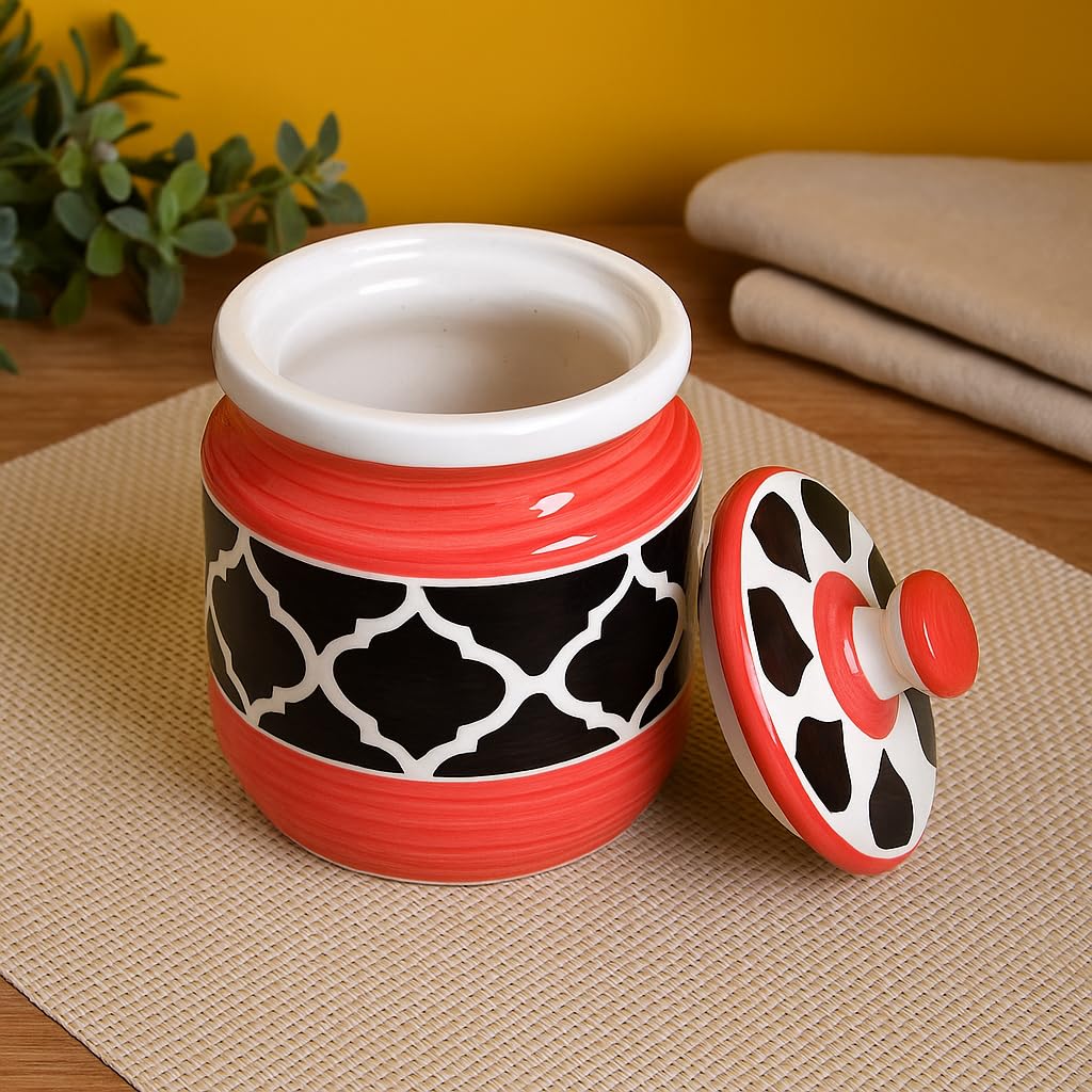 Kunhar Ceramic Jars (1000 ML) – Handcrafted Multipurpose Barni with Lid for Pickle, Chutney, Spices, Salt, Sugar – Kitchen Storage Containers, Red Black