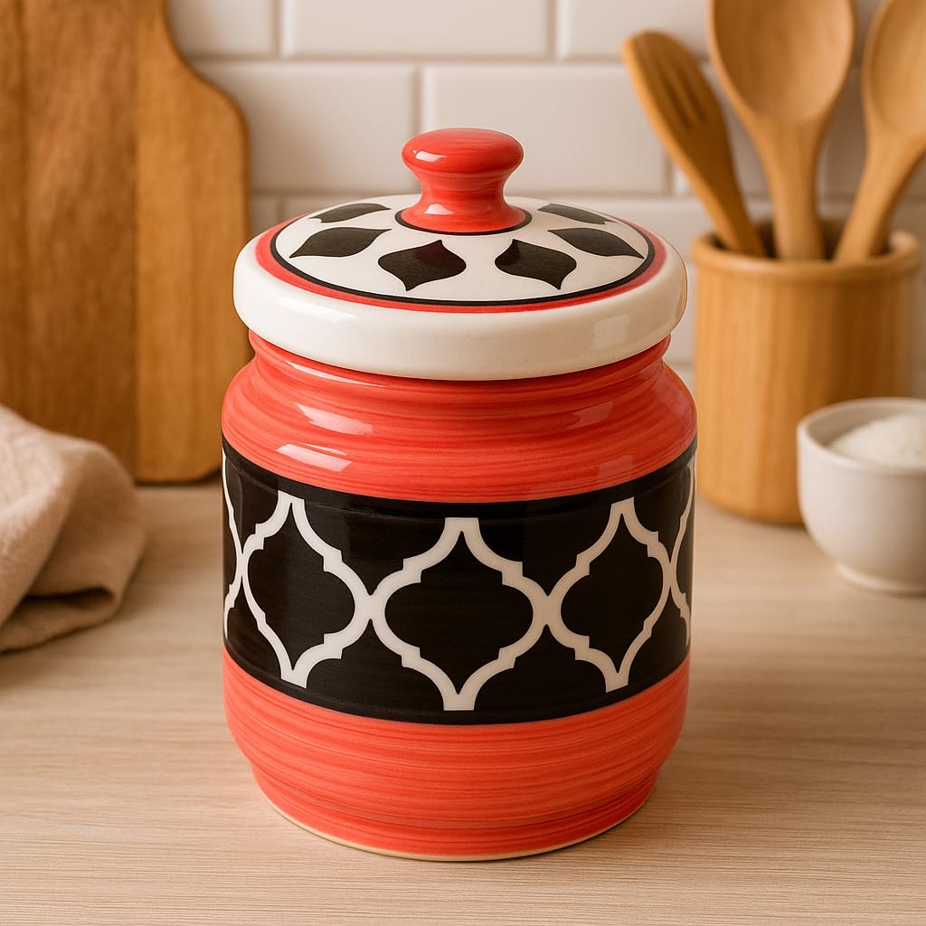 Kunhar Ceramic Jars (1000 ML) – Handcrafted Multipurpose Barni with Lid for Pickle, Chutney, Spices, Salt, Sugar – Kitchen Storage Containers, Red Black
