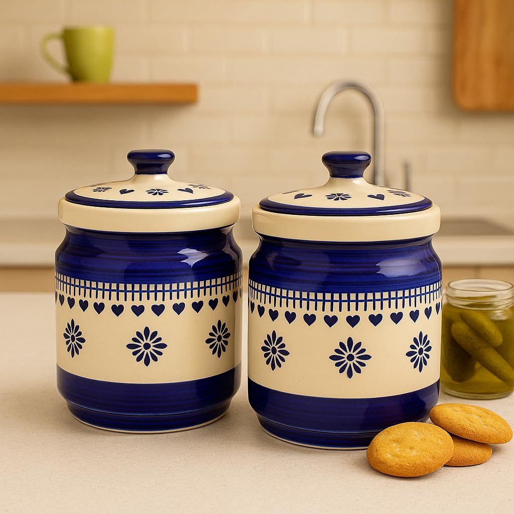 Kunhar Ceramic Barni 1000ml Set of 2 with Lid | Handcrafted Pickle Jar | Storage Jar for Spices, Chutney, Achar, Salt, Sugar