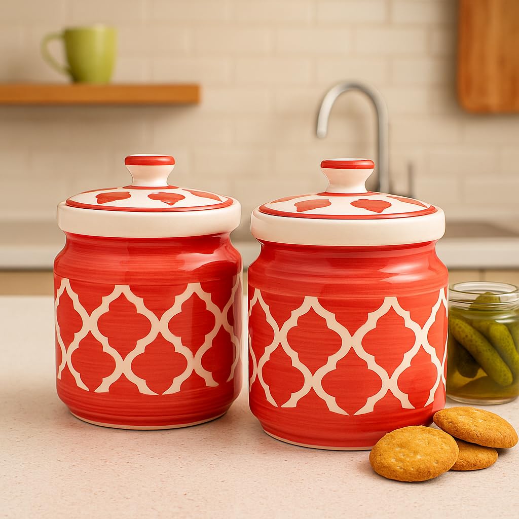 Kunhar Ceramic Barni Red & White 1000ml Set of 2 with Lid | Handcrafted Pickle Jar | Storage Jar for Spices, Chutney, Achar, Salt, Sugar