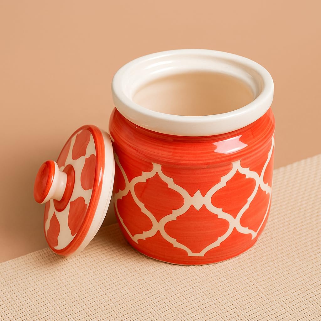 Kunhar Ceramic Barni Red & White 1000ml Set of 2 with Lid | Handcrafted Pickle Jar | Storage Jar for Spices, Chutney, Achar, Salt, Sugar