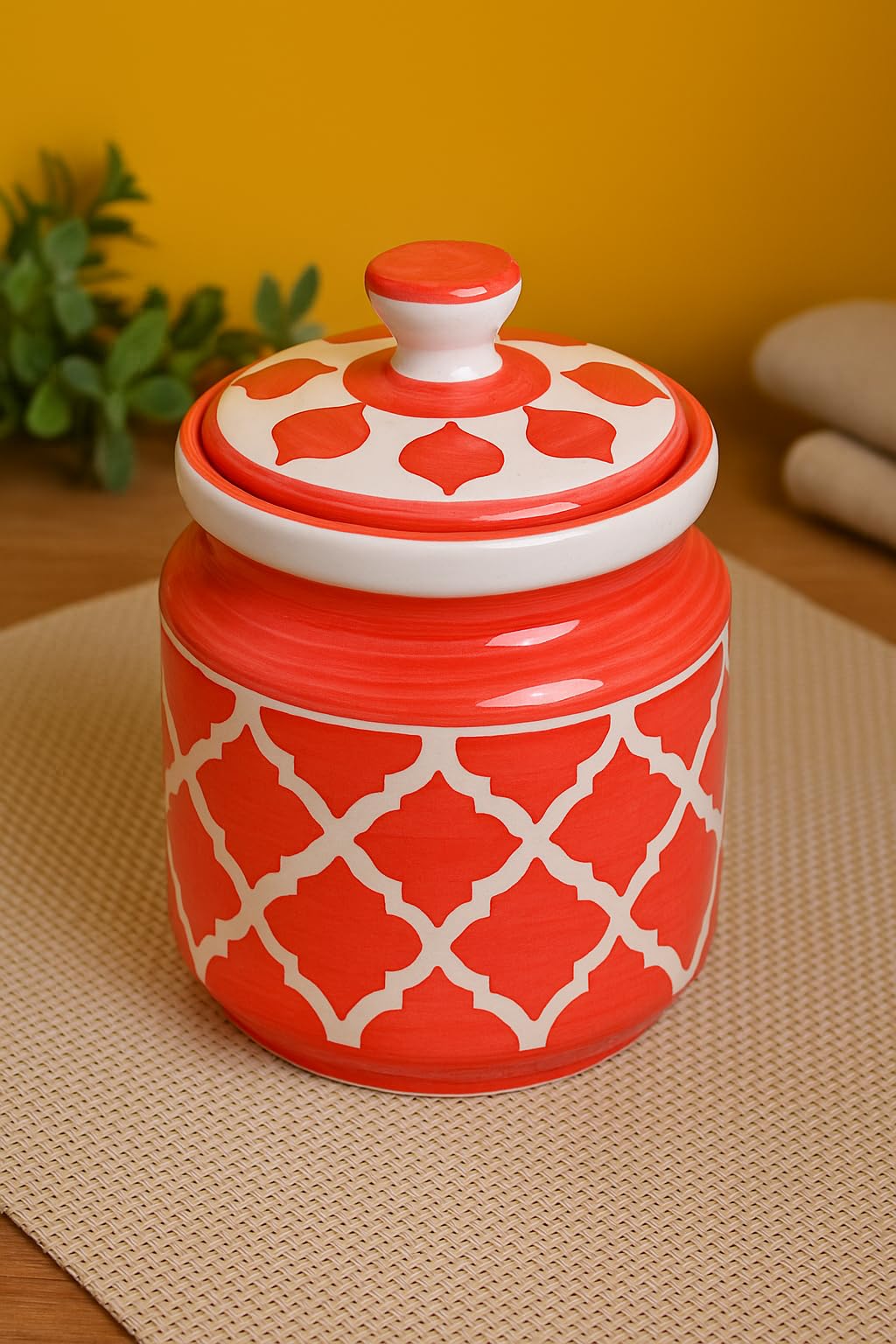 Kunhar Ceramic Barni Red & White 1000ml Set of 2 with Lid | Handcrafted Pickle Jar | Storage Jar for Spices, Chutney, Achar, Salt, Sugar