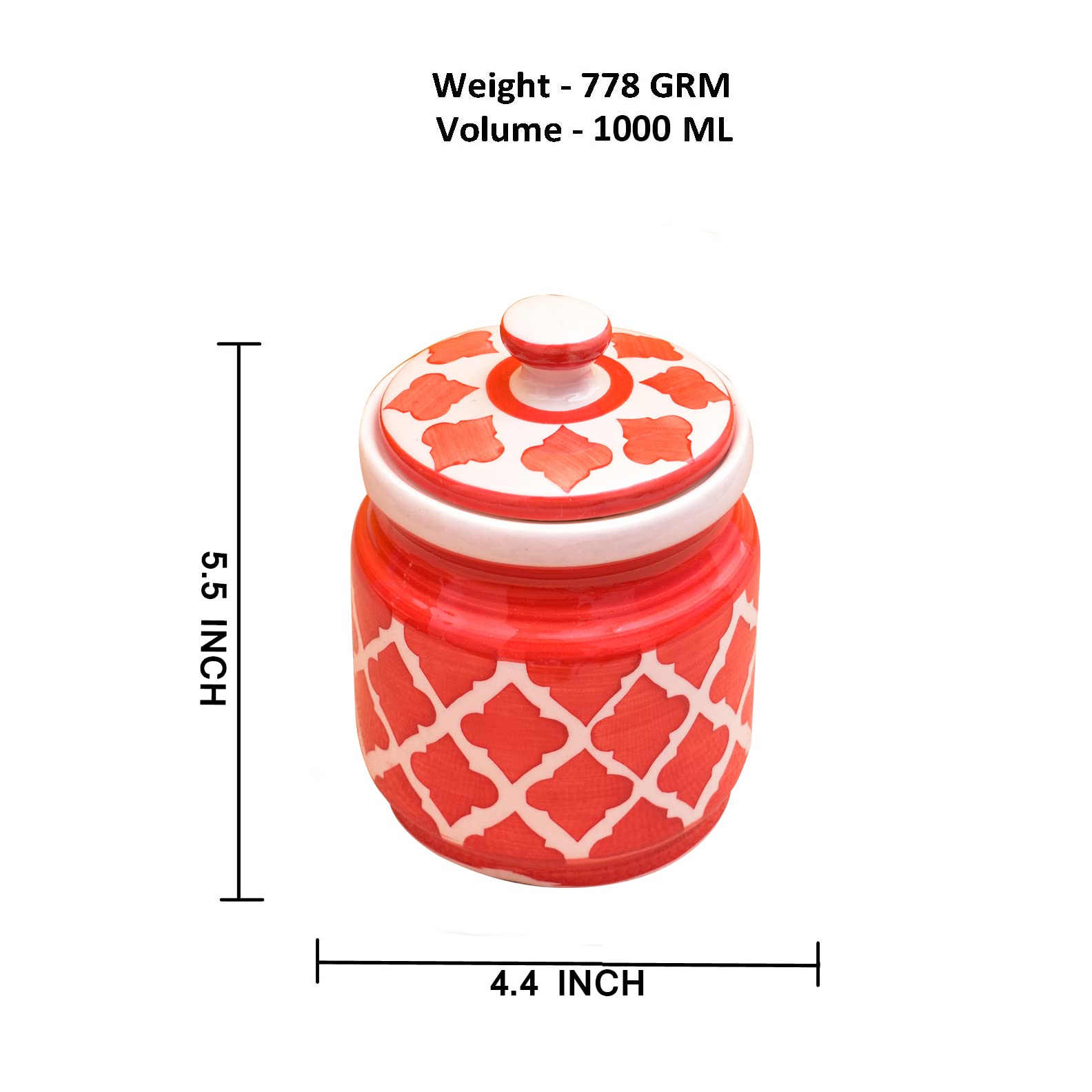 Kunhar Ceramic Barni Red & White 1000ml Set of 2 with Lid | Handcrafted Pickle Jar | Storage Jar for Spices, Chutney, Achar, Salt, Sugar