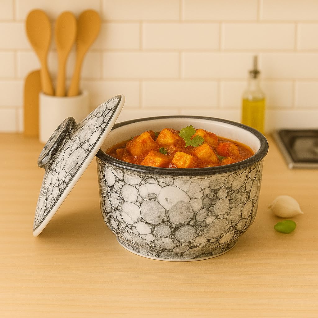 Kunhar Multipurpose Ceramic Donga – Black Luster | 270 ML Lidded Serving Donga | Microwave & Dishwasher Safe | Ideal for Gravy, Dal, Curry & More