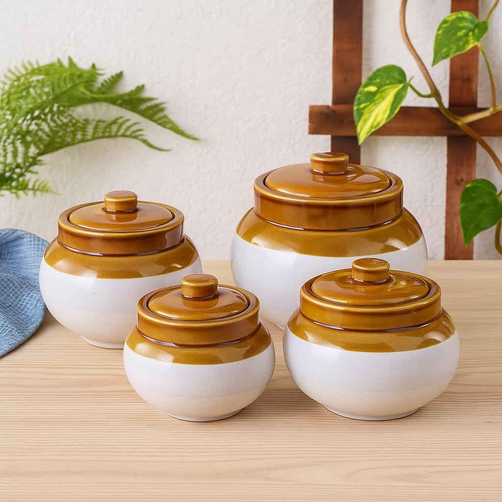 Kunhar Ceramic Multipurpose Jar, Pickle Jars - 400 Ml, 750 Ml, 1200 Ml, 2200 Ml Set Of 4, Multicolor