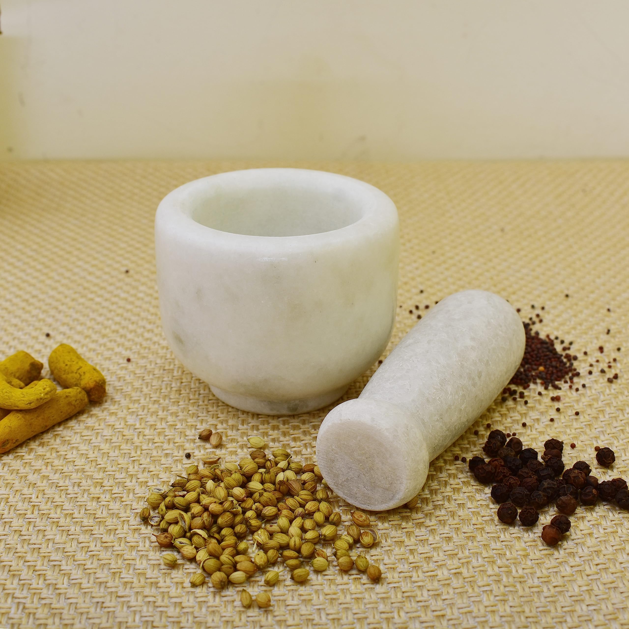 KunhaR Natural White Marble Mortar and Pestle Set, Imam Dasta, Ohkli Musal, Kharal - 3 x 2.5 Inches, White, (Half Polish)